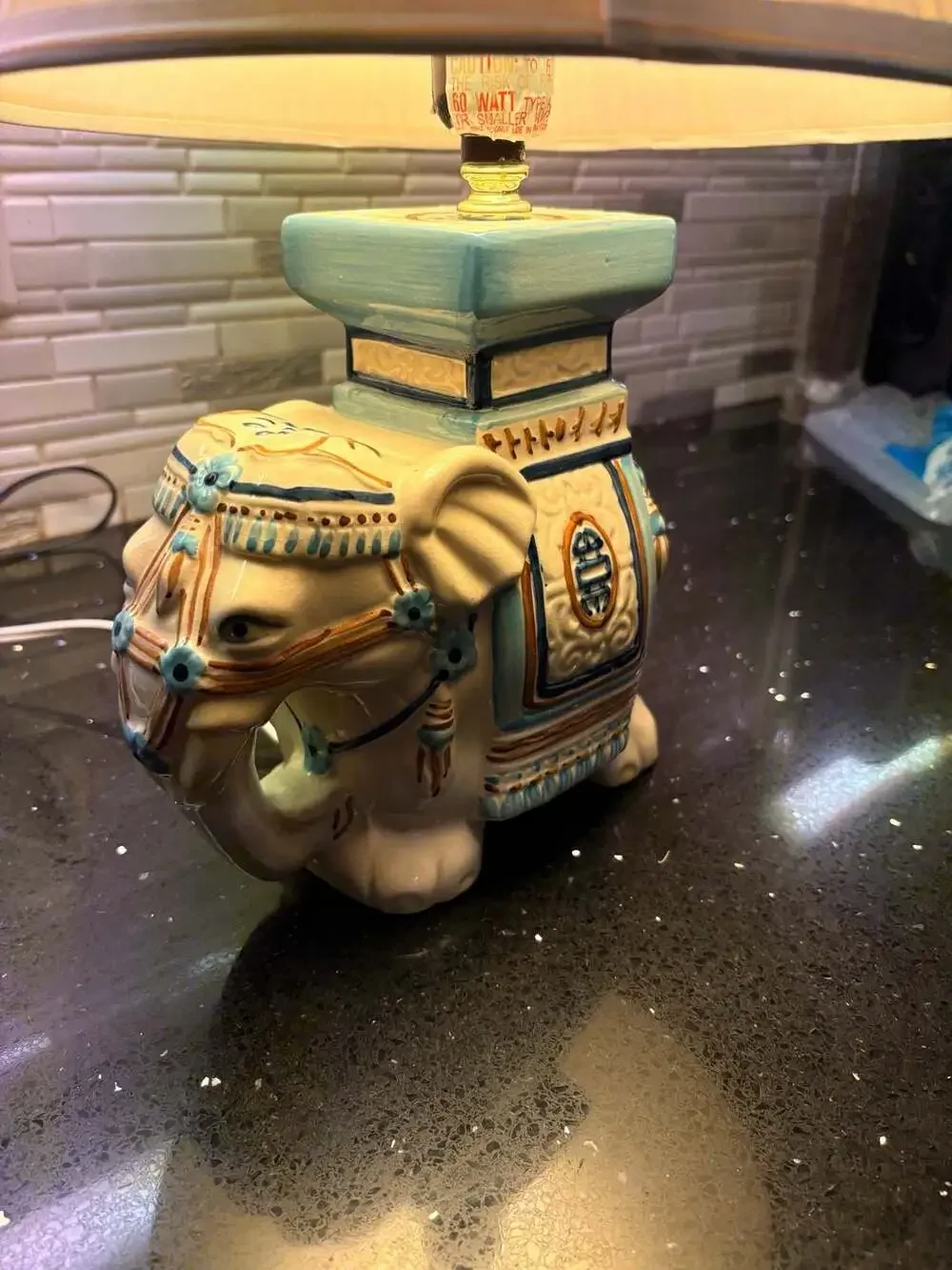 Vintage Ceramic Elephant Table Lamp Blue White Gold Accents With Shade